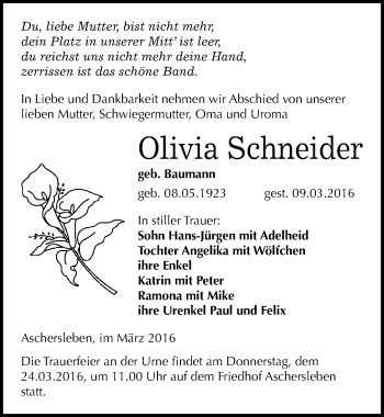 Traueranzeige von Olivia Schneider von Mitteldeutsche Zeitung Aschersleben