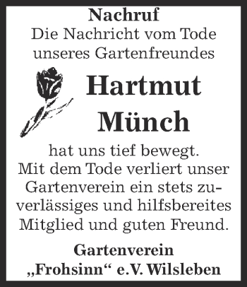 Traueranzeige von Hartmut Münch von Super Sonntag Aschersleben