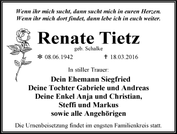 Traueranzeige von Renate Tietz von Mitteldeutsche Zeitung Dessau-Roßlau