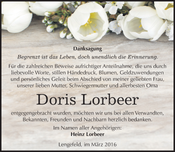 Traueranzeige von Doris Lorbeer von Mitteldeutsche Zeitung Naumburg/Nebra