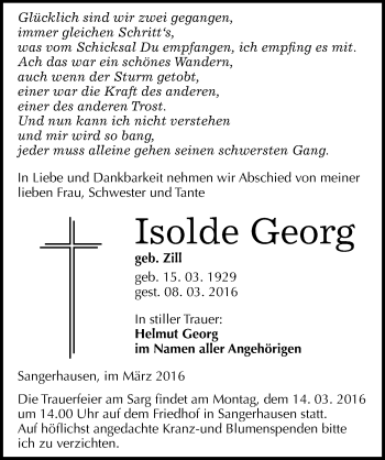 Traueranzeige von Isolde Georg von Mitteldeutsche Zeitung Sangerhausen