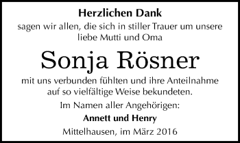 Traueranzeige von Sonja Rösner von Mitteldeutsche Zeitung Sangerhausen