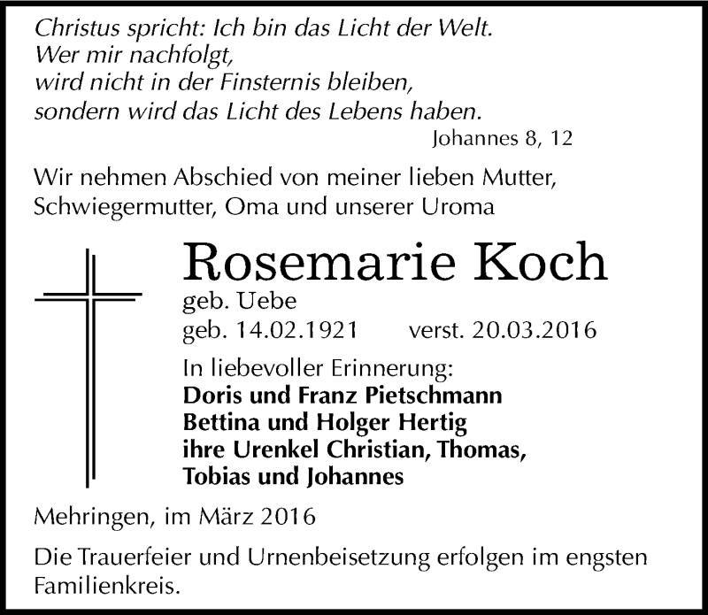  Traueranzeige für Rosemarie Koch vom 23.03.2016 aus Mitteldeutsche Zeitung Aschersleben