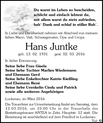 Traueranzeige von Hans Juntke von Mitteldeutsche Zeitung Zeitz