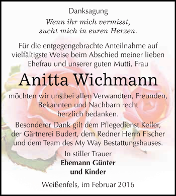 Traueranzeige von Anitta Wichmann von WVG - Wochenspiegel NMB / WSF / ZTZ