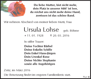 Traueranzeige von Ursula Lohse von Mitteldeutsche Zeitung Zeitz