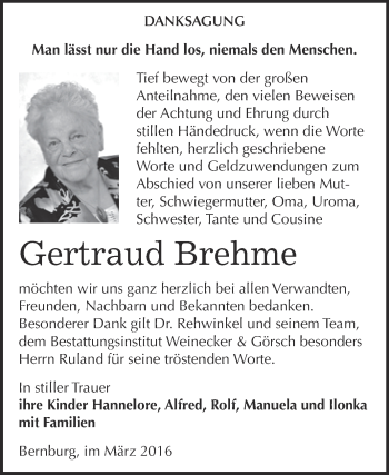 Traueranzeige von Gertraud Brehme von Super Sonntag Bernburg