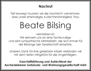 Traueranzeige von Beate Bilsing von Super Sonntag Aschersleben