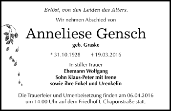 Traueranzeige von Anneliese Gensch von Mitteldeutsche Zeitung Dessau-Roßlau
