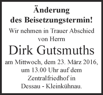 Traueranzeige von Dirk Gutsmuths von WVG - Wochenspiegel Dessau / Köthen