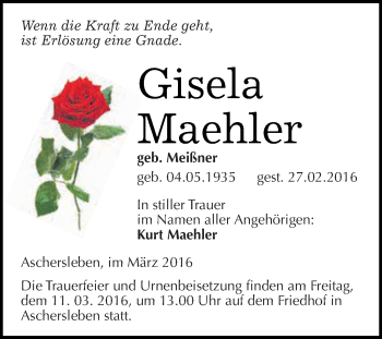 Traueranzeige von Gisela Maehler von Super Sonntag Aschersleben