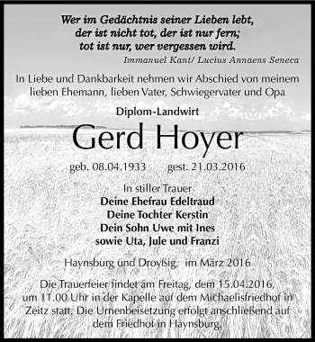 Traueranzeige von Gerd Hoyer von Mitteldeutsche Zeitung Zeitz