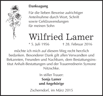 Traueranzeige von Wilfried Lamer von WVG - Wochenspiegel Bitterfeld