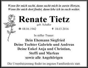 Traueranzeige von Renate Tietz von WVG - Wochenspiegel Dessau / Köthen