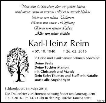 Traueranzeige von Karl-Heinz Reim von Mitteldeutsche Zeitung Weißenfels