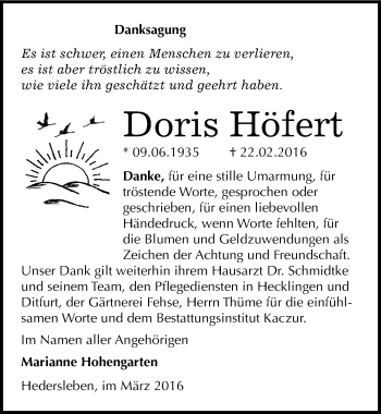 Traueranzeige von Doris Höfert von Mitteldeutsche Zeitung Quedlinburg