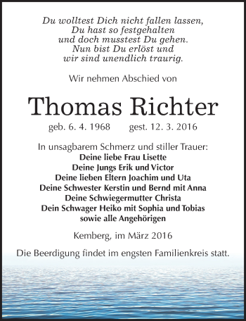 Traueranzeige von Thomas Richter von Mitteldeutsche Zeitung Wittenberg