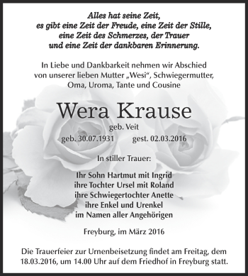 Traueranzeige von Wera Krause von WVG - Wochenspiegel NMB / WSF / ZTZ