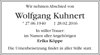 Traueranzeige von Wolfgang Kuhnert von WVG - Wochenspiegel Dessau / Köthen