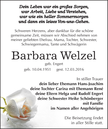 Traueranzeige von Barbara Welzel von Mitteldeutsche Zeitung Zeitz