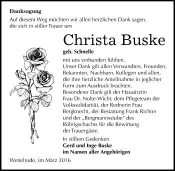 Traueranzeige von Christa Buske von Mitteldeutsche Zeitung Sangerhausen
