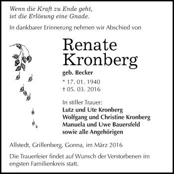 Traueranzeige von Renate Kronberg von Super Sonntag SGH Mansf. Land