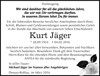 Traueranzeige von Kurt Jäger von Mitteldeutsche Zeitung Dessau-Roßlau