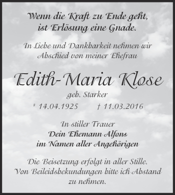 Traueranzeige von Edith-Maria Klose von WVG - Wochenspiegel Dessau / Köthen