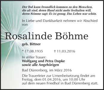 Traueranzeige von Rosalinde Böhme von Mitteldeutsche Zeitung Merseburg/Querfurt