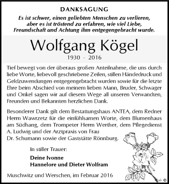 Traueranzeige von Wolfgang Kögel von Mitteldeutsche Zeitung Weißenfels