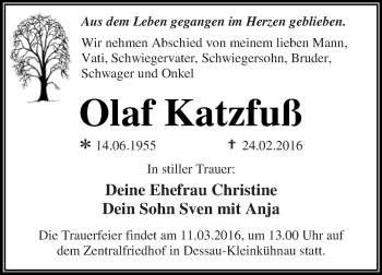 Traueranzeige von Olaf Katzfuß von WVG - Wochenspiegel Dessau / Köthen