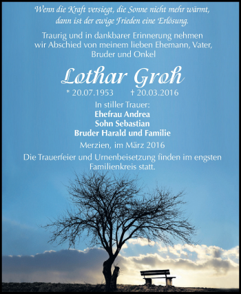 Traueranzeige von Lothar Groh von WVG - Wochenspiegel Dessau / Köthen