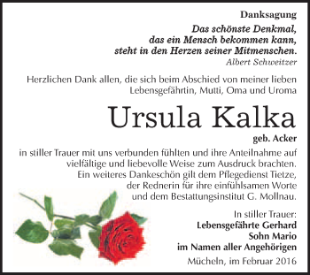 Traueranzeige von Ursula Kalka von WVG - Wochenspiegel Merseburg