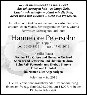 Traueranzeige von Hannelore Petersohn von Mitteldeutsche Zeitung Bernburg