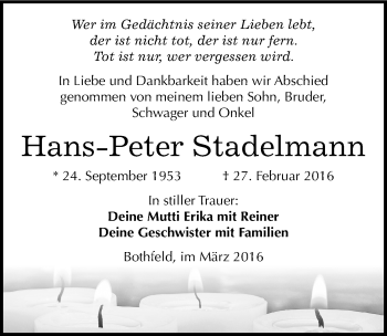 Traueranzeige von Hans-Peter Stadelmann von Mitteldeutsche Zeitung Weißenfels