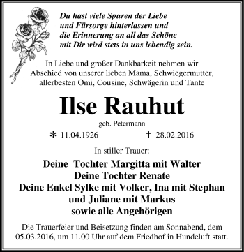 Traueranzeige von Ilse Rauhut von Mitteldeutsche Zeitung Wittenberg