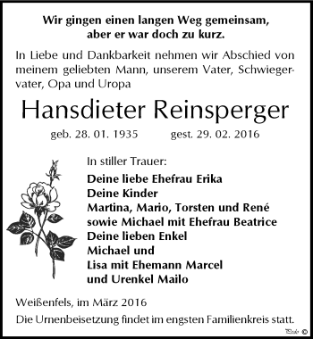 Traueranzeige von Hansdieter Reinsperger von Mitteldeutsche Zeitung Weißenfels