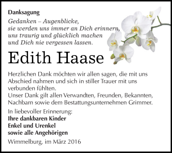 Traueranzeige von Edith Haase von Wochenspiegel Mansfelder Land
