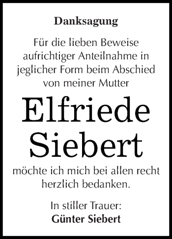Traueranzeige von Elfriede Siebert von Super Sonntag SGH Mansf. Land