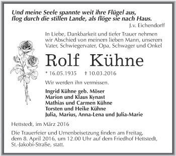 Traueranzeige von Rolf Kühne von Wochenspiegel Mansfelder Land