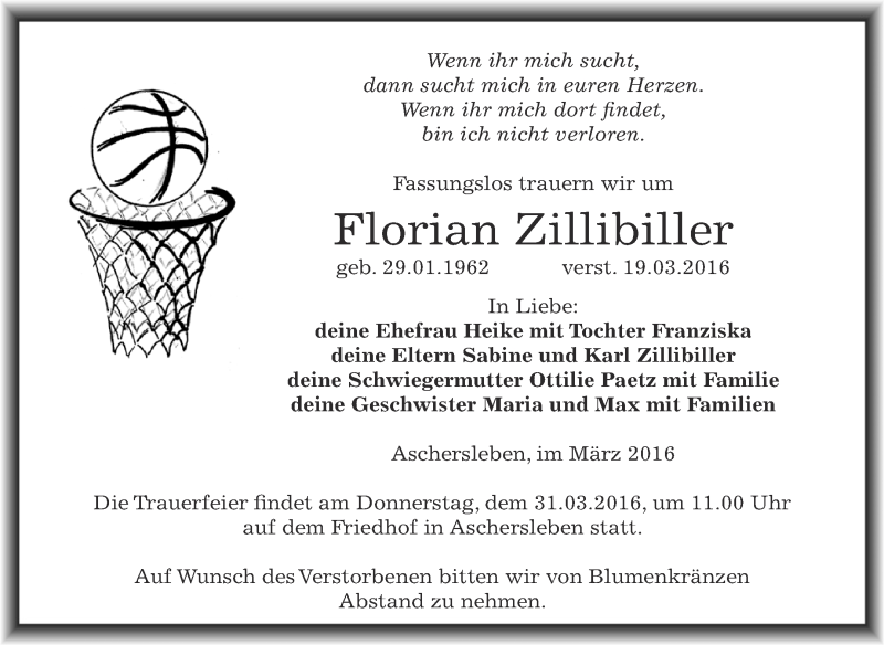  Traueranzeige für Florian Zillibiller vom 26.03.2016 aus Super Sonntag Aschersleben