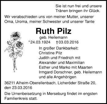 Traueranzeige von Ruth Pilz von Mitteldeutsche Zeitung Merseburg/Querfurt