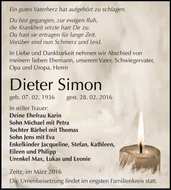 Traueranzeige von Dieter Simon von Super Sonntag Zeitz