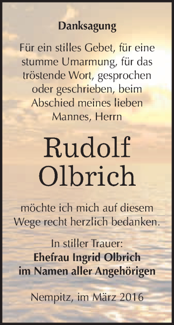 Traueranzeige von Rudolf Olbrich von WVG - Wochenspiegel Merseburg
