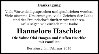 Traueranzeige von Hannelore Haschke von Mitteldeutsche Zeitung Bernburg