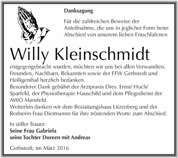 Traueranzeige von Willy Kleinschmidt von Wochenspiegel Mansfelder Land