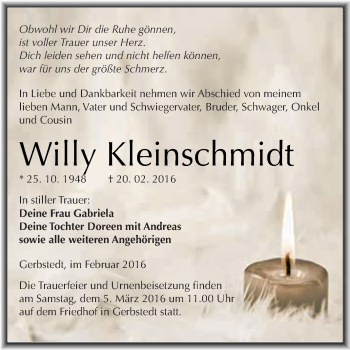 Traueranzeige von Willy Kleinschmidt von Wochenspiegel Mansfelder Land