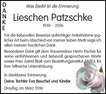 Traueranzeige von Lieschen Patzschke von Super Sonntag Zeitz