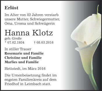 Traueranzeige von Hanna Klotz von Super Sonntag SGH Mansf. Land