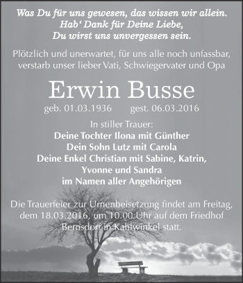 Traueranzeige von Erwin Busse von WVG - Wochenspiegel NMB / WSF / ZTZ
